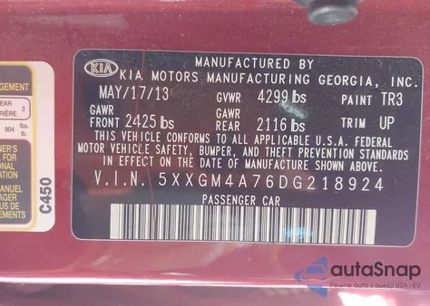 2013 Kia Optima Lx z USA, uszkodzony, nr VIN 5XXGM4A76DG218924